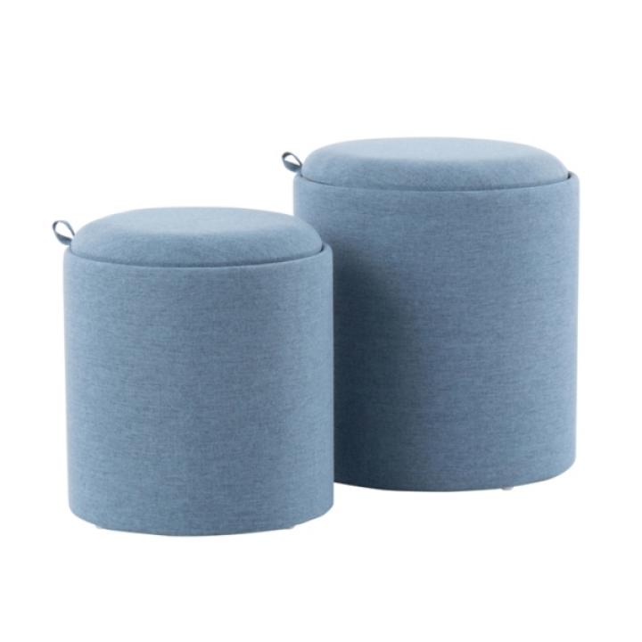 Blue Upholstered Ottomans with Tray Tops, Set of 2