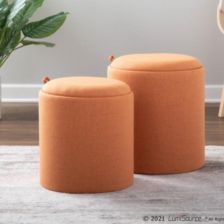 Rust Upholstered Ottomans with Tray Tops, Set of 2