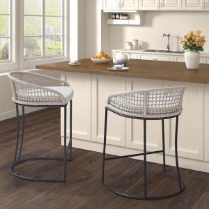 Rustic White Woven Rope Back Counter Stool