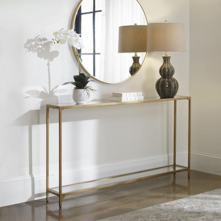 Warm Golden Mirrored Top Console Table