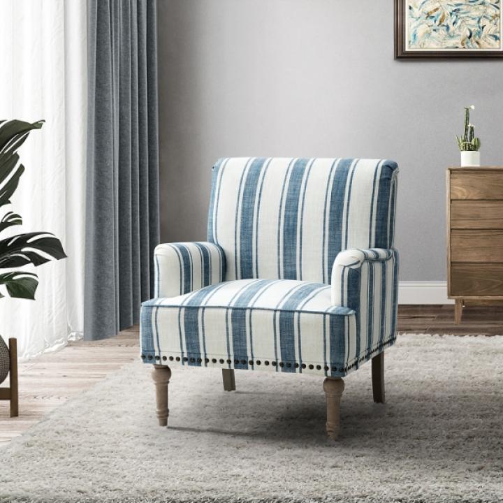 Blue White Stripe Upholstered Accent Chair