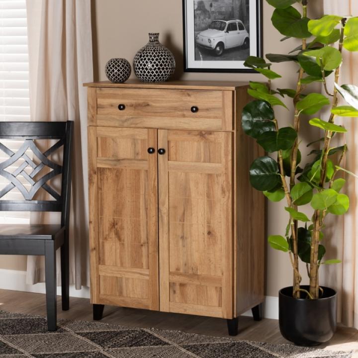 Oak 2-Door Grid Shoe Storage Cabinet