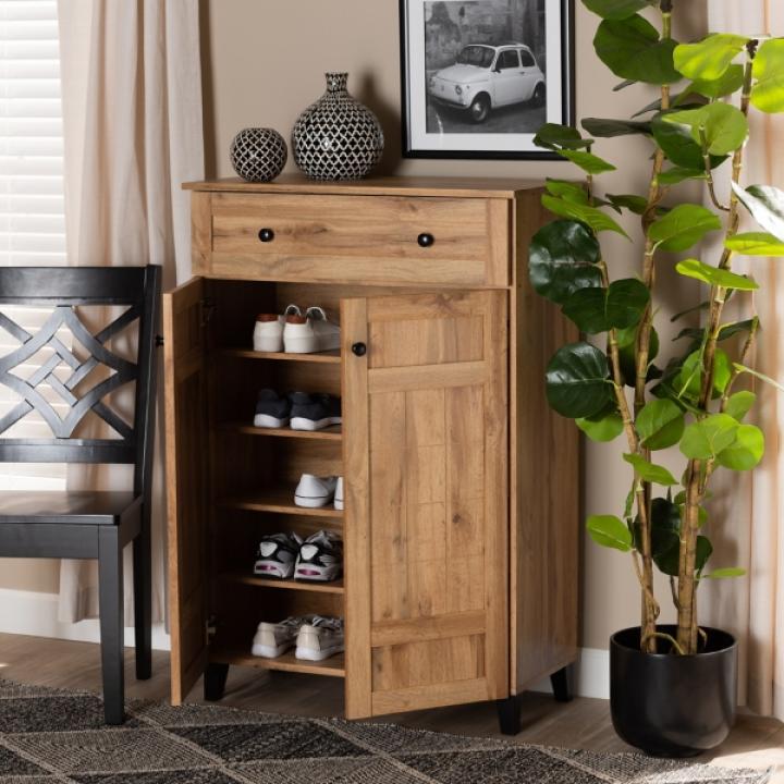 Oak 2-Door Grid Shoe Storage Cabinet