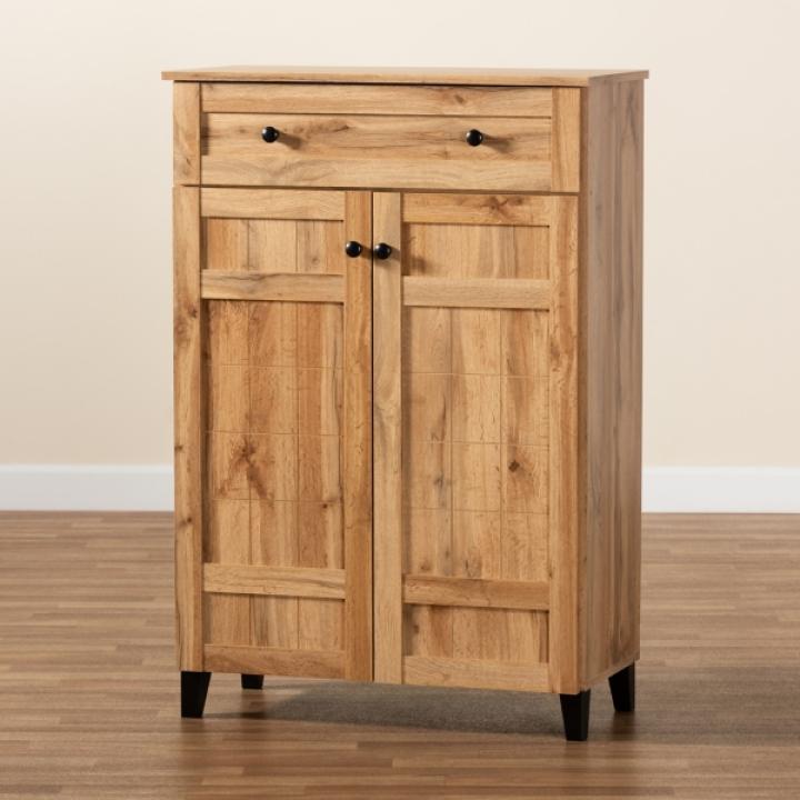 Oak 2-Door Grid Shoe Storage Cabinet