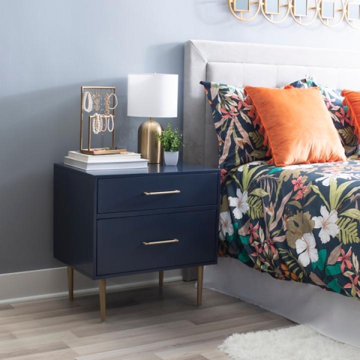 Blue 2-Drawer Nightstand with Gold Hardware