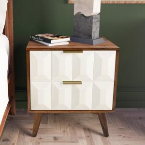 Brown and White Wood 2-Drawer Nightstand