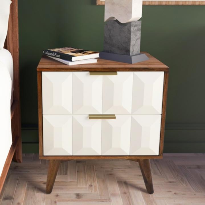 Brown and White Wood 2-Drawer Nightstand