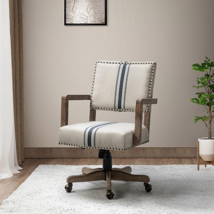 Ivory and Blue Stripe Natural Wood Office Chair