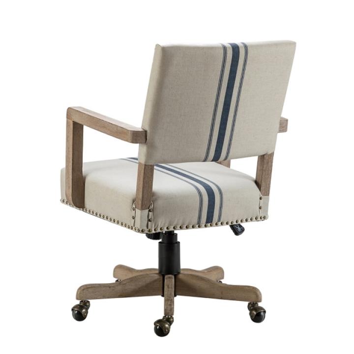 Ivory and Blue Stripe Natural Wood Office Chair