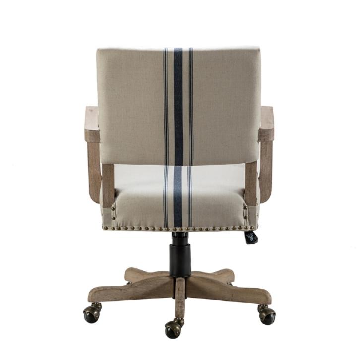 Ivory and Blue Stripe Natural Wood Office Chair