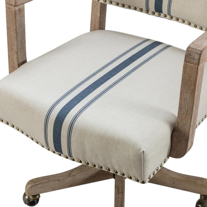 Ivory and Blue Stripe Natural Wood Office Chair