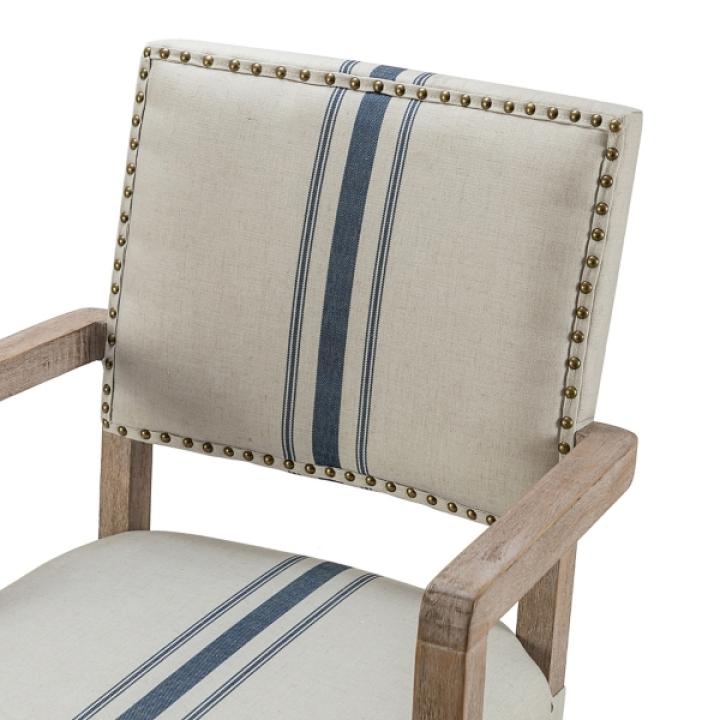 Ivory and Blue Stripe Natural Wood Office Chair