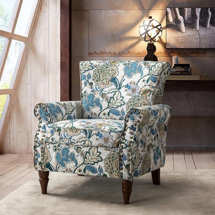 Blue and Green Floral Upholstered Accent Chair