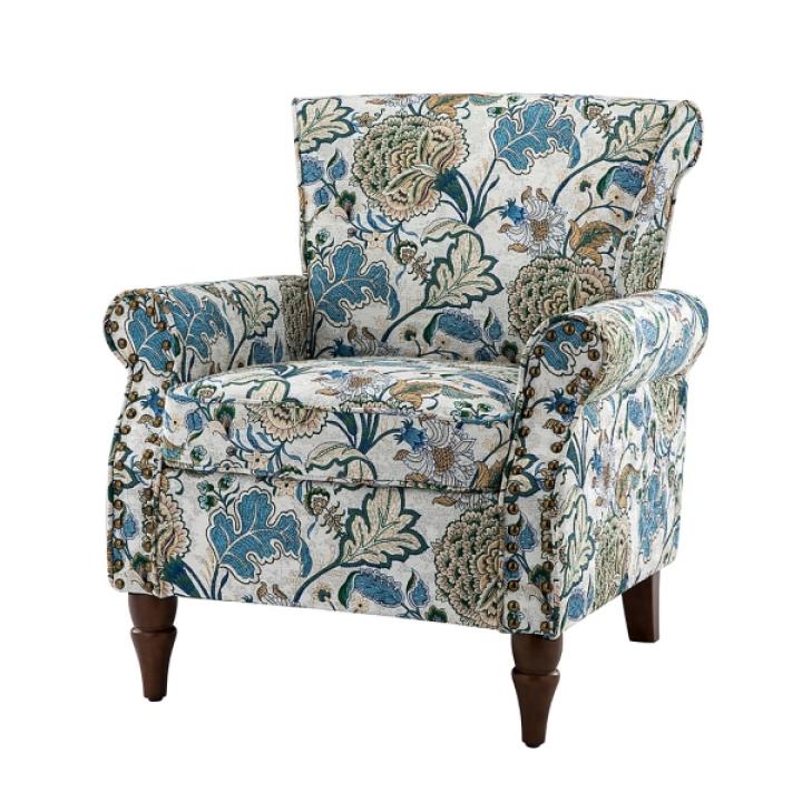 Blue and Green Floral Upholstered Accent Chair