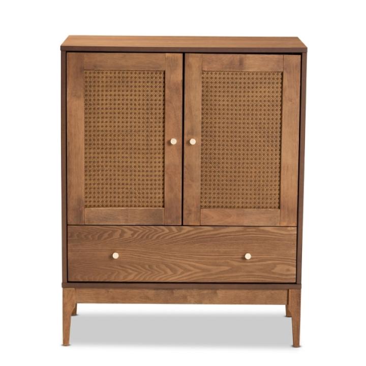 Mid-Century Modern Rattan Walnut Cabinet