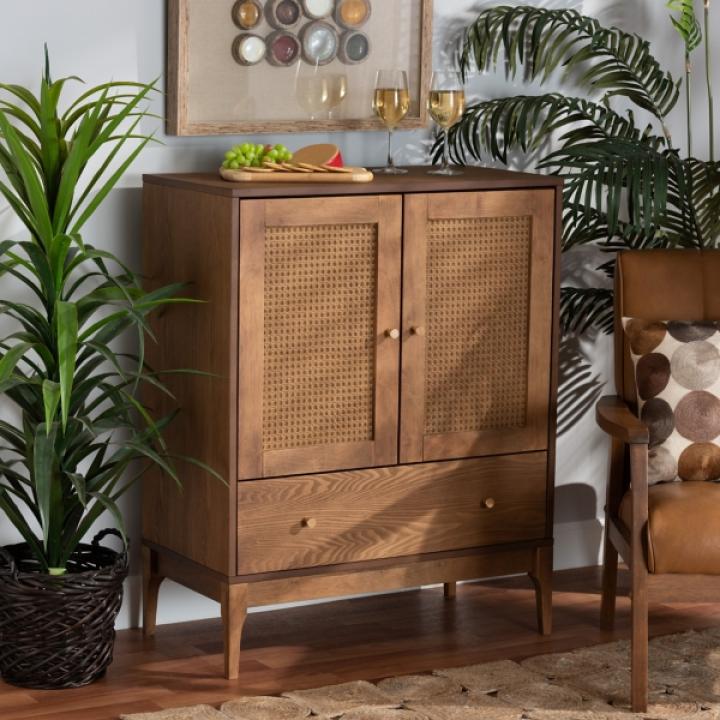 Mid-Century Modern Rattan Walnut Cabinet