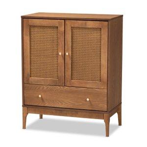 Mid-Century Modern Rattan Walnut Cabinet