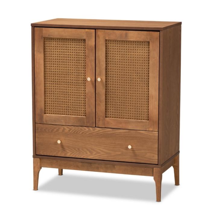 Mid-Century Modern Rattan Walnut Cabinet