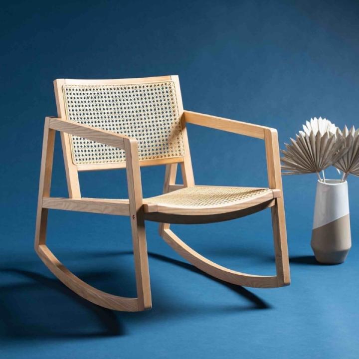 Natural Wood and Rattan Rocking Chair