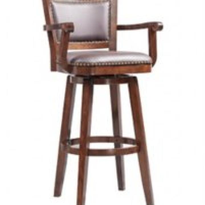 Brown Wood and Faux Leather Swivel Bar Stool