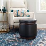 Round Black Faux Leather Storage Ottoman