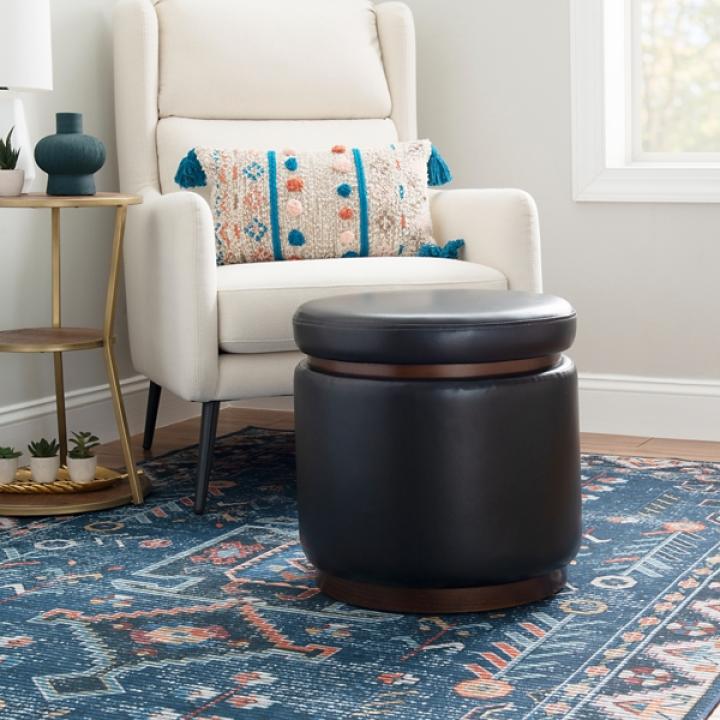 Round Black Faux Leather Storage Ottoman