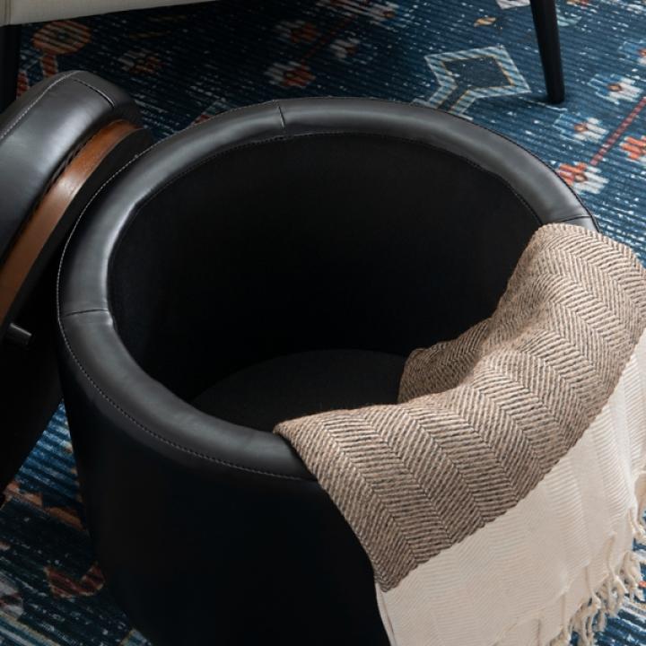 Round Black Faux Leather Storage Ottoman