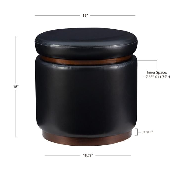 Round Black Faux Leather Storage Ottoman