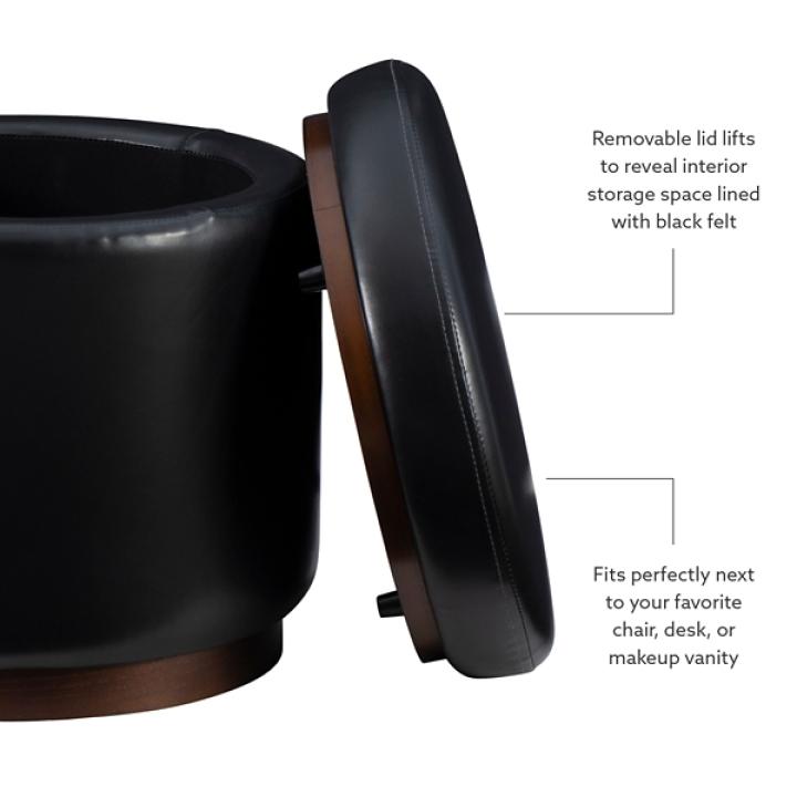 Round Black Faux Leather Storage Ottoman