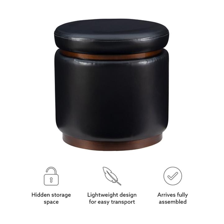 Round Black Faux Leather Storage Ottoman