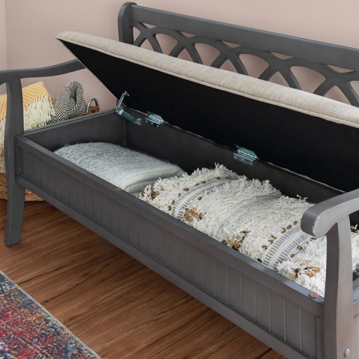 Gray Wood Upholstered Storage Bench