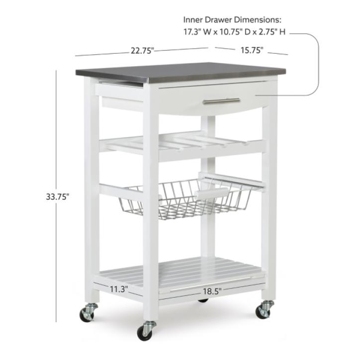 White Wood and Stainless Steel Kitchen Cart