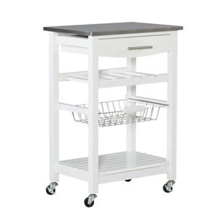 White Wood and Stainless Steel Kitchen Cart