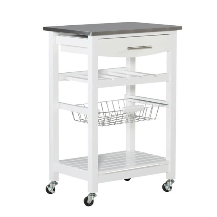 White Wood and Stainless Steel Kitchen Cart