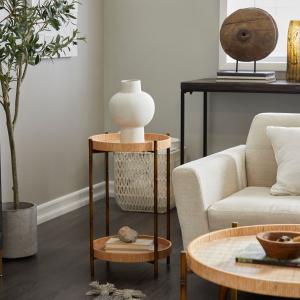 Round Brown Rattan 2-Tier Side Table