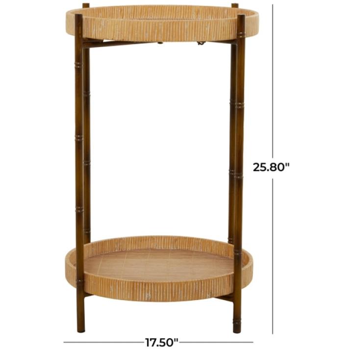Round Brown Rattan 2-Tier Side Table