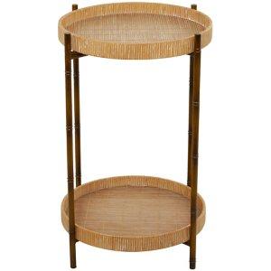 Round Brown Rattan 2-Tier Side Table