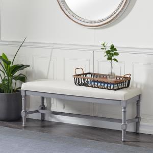 Gray Wood Upholstered Burlap Seat Bench