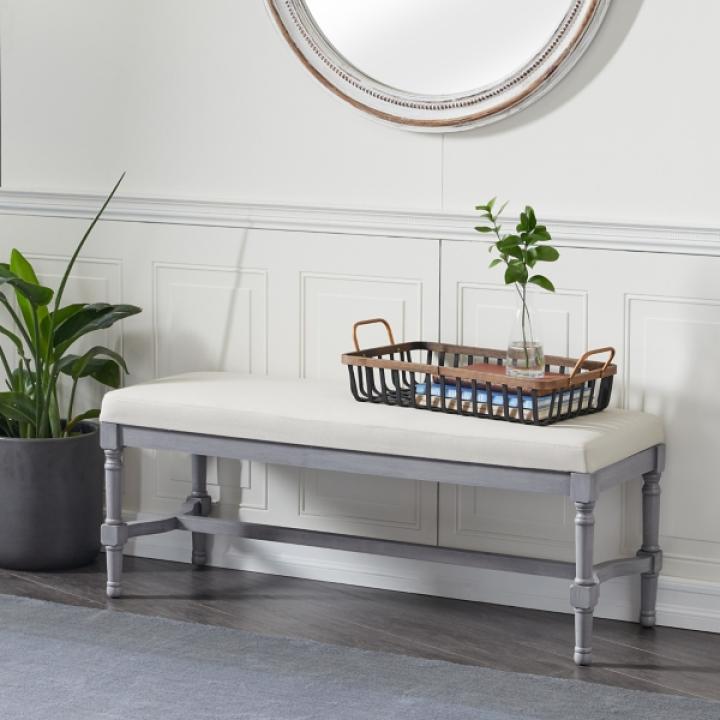 Gray Wood Upholstered Burlap Seat Bench