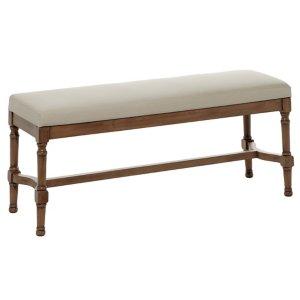 Brown Wood Upholstered Burlap Seat Bench