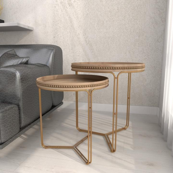 Brown Wood Beaded Nesting Side Tables, Set of 2