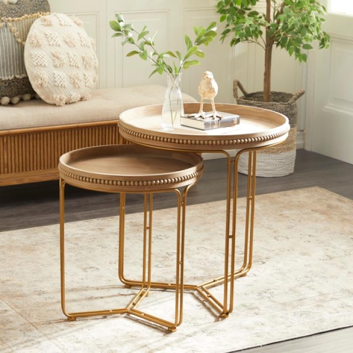 Brown Wood Beaded Nesting Side Tables, Set of 2