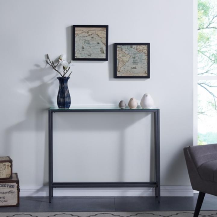 Gray Metal Mirrored Top Slim Console Table