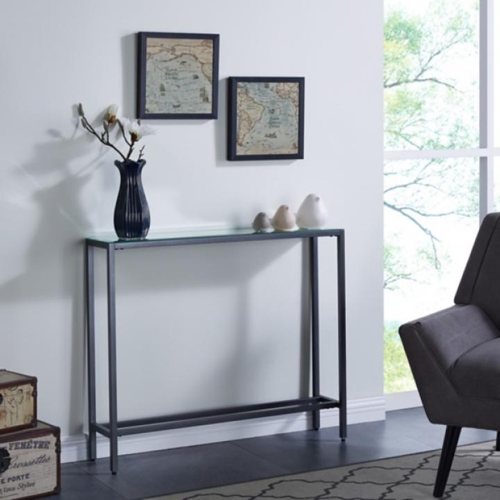 Gray Metal Mirrored Top Slim Console Table