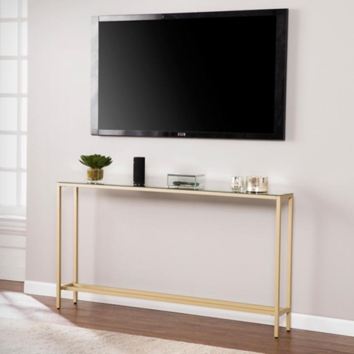 Long Gold Metal Mirrored Top Console Table