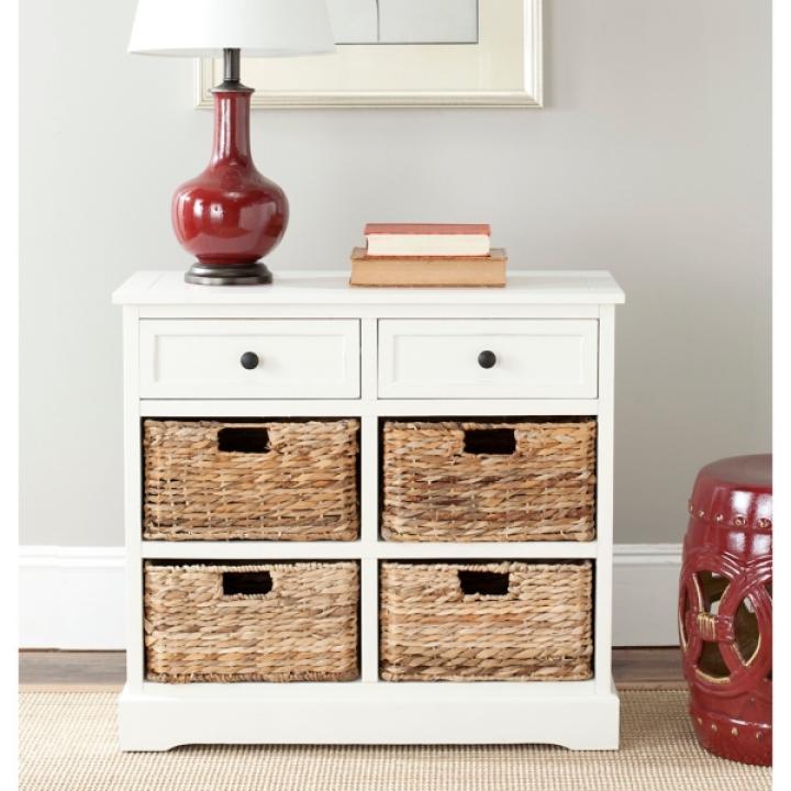 White Wood Woven Baskets Cabinet
