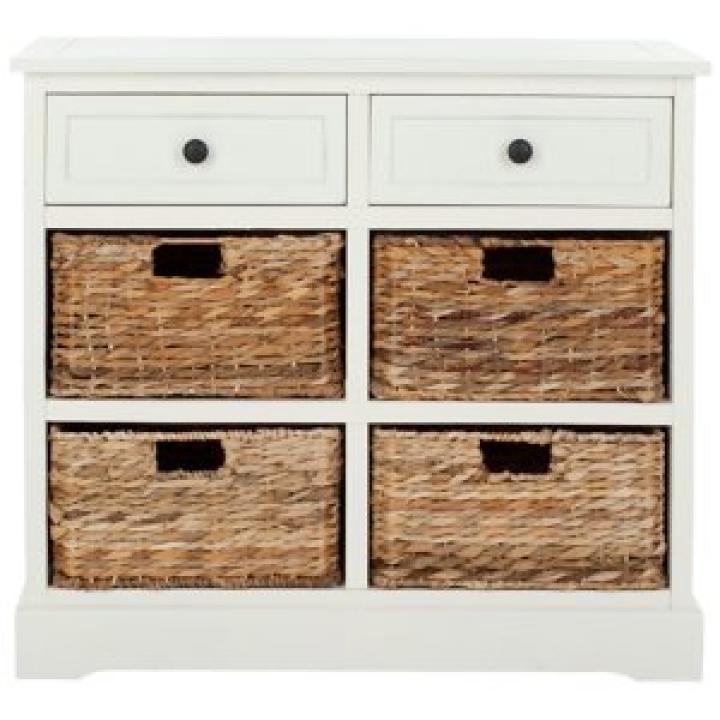 White Wood Woven Baskets Cabinet