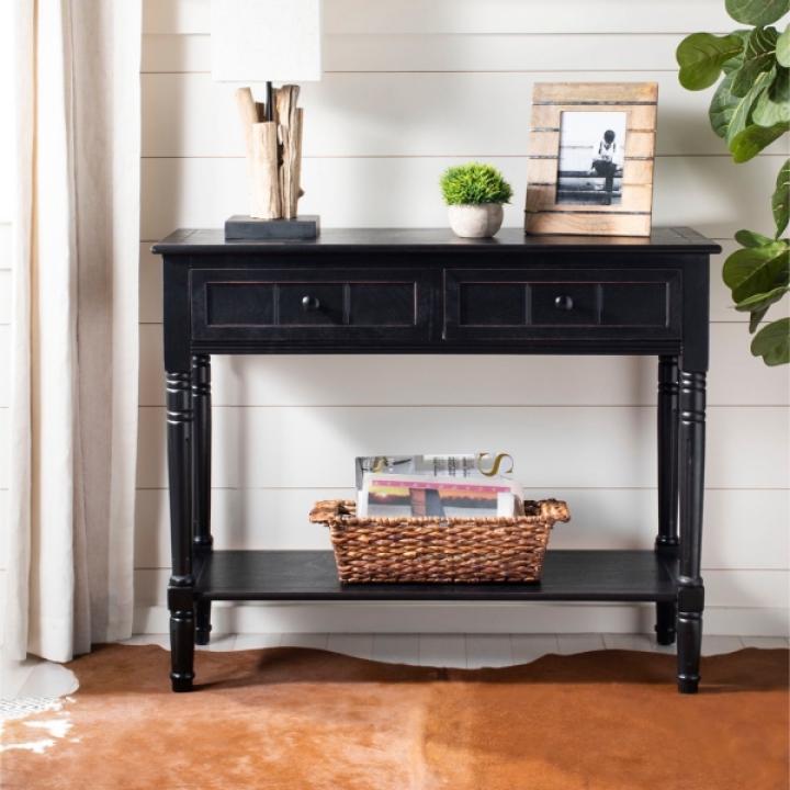 Distressed Black Wood 2-Drawer Console Table
