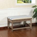 Blue and White Striped Upholstered Wood Bench
