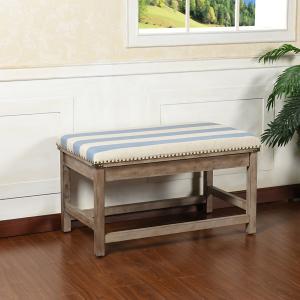 Blue and White Striped Upholstered Wood Bench